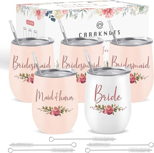 CARAKNOTS Bridesmaid Proposal Gifts Bridesmaid Cups Set of 5 Wedding Tumbler for Bridal Shower Engagement Bachelorette Party Favor Maid Pink Stainless Steel Wine Tumbler with Lid and Straw 12 oz