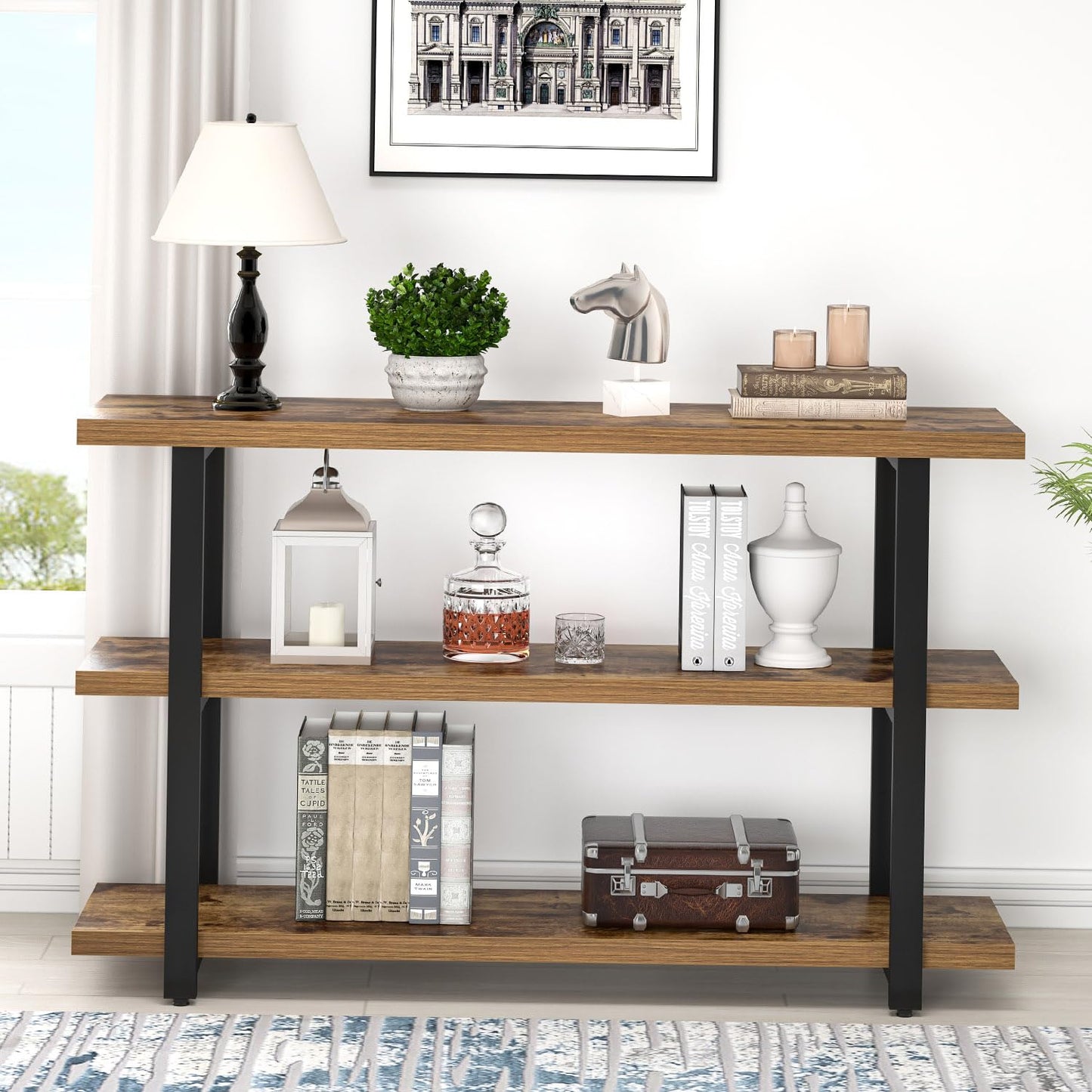FOLUBAN Sofa Table, Wood Entryway Table with Storage Shelves for Living Room, Modern Console Tables for Hallway, Entrance, or Behind Couch, Rustic Brown, 47 Inch