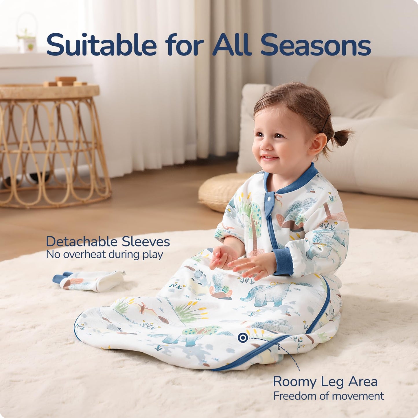 usbettas Baby Sleep Sack 6-12 Months, Cotton Long Sleeve Sleep Sack, 1.0 Tog Lightweight Transitional Swaddle with Temperature Strips, 2-Way Zipper Wearable Blankets for Toddler,Dinosaur