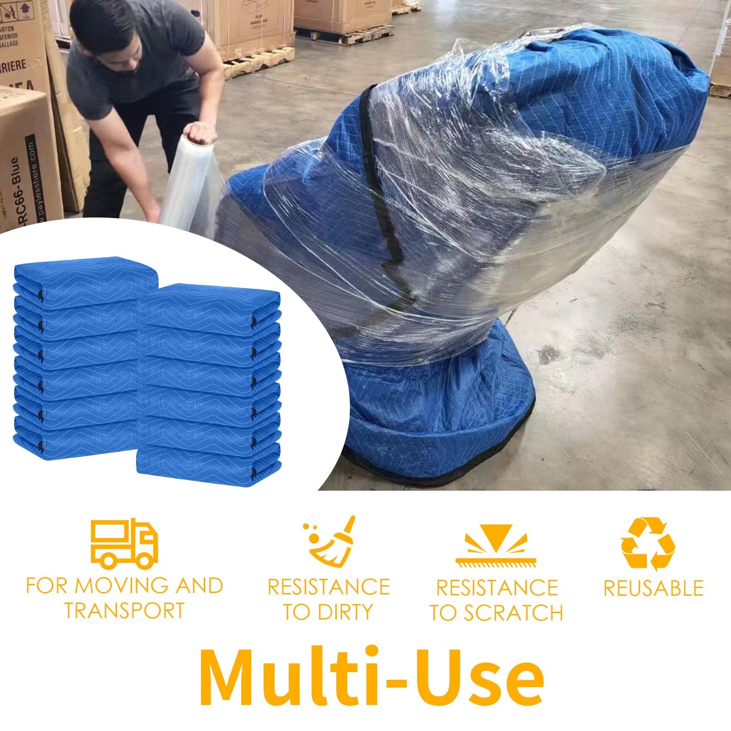 Diamond UP 12 Moving Blankets, Extra Large Moving Blanket for Furniture, Professional Quilted Furniture Shipping and Storage Pads, 80" x 72", Blue and Black(12 Packs)