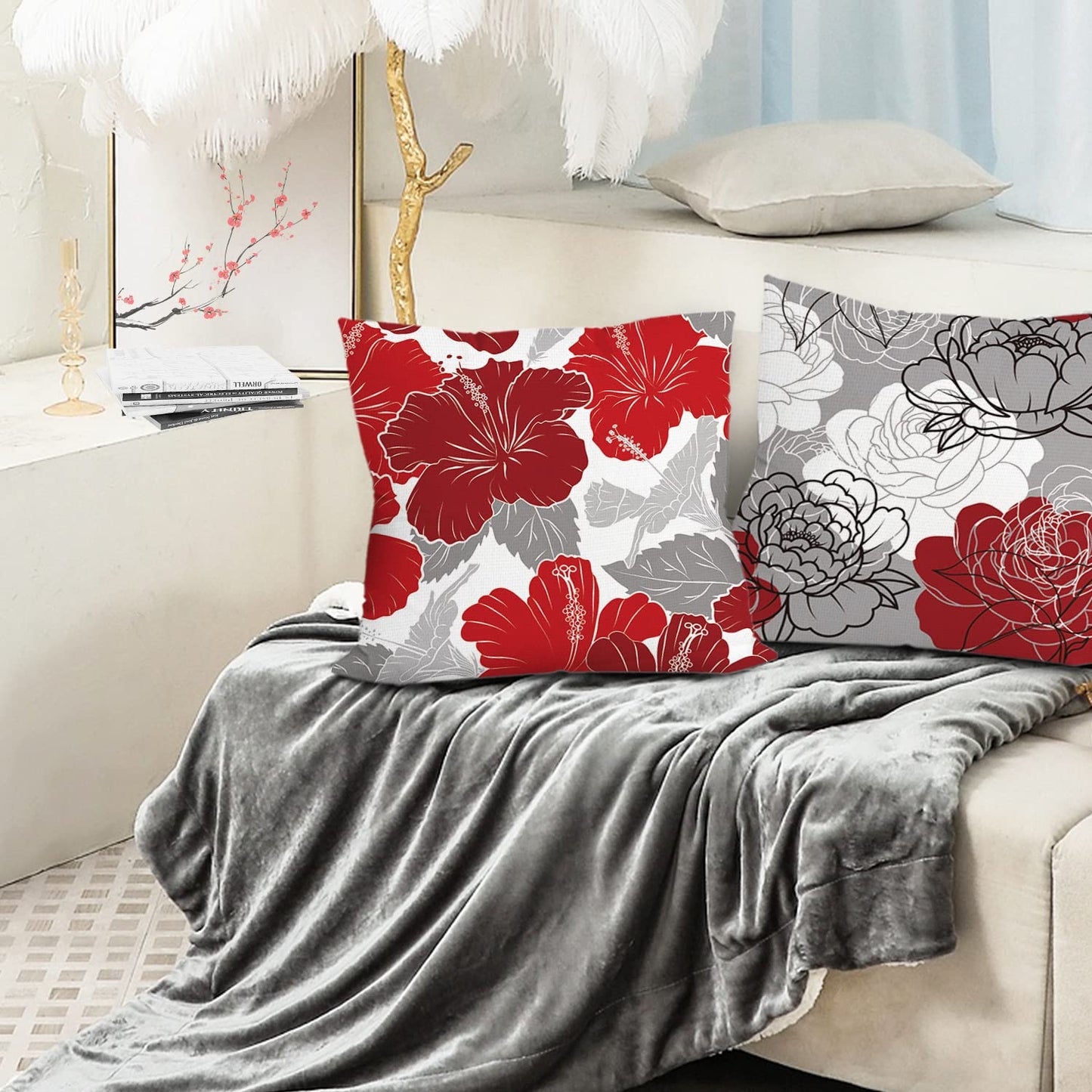 COMMINY Red Grey Pillow Covers 18x18 Set of 6 Decorative Burgundy Daisy Throw Pillow Cover for Couch Modern Farmhouse Cushion Pillow Case for Living Room Patio Home Decor