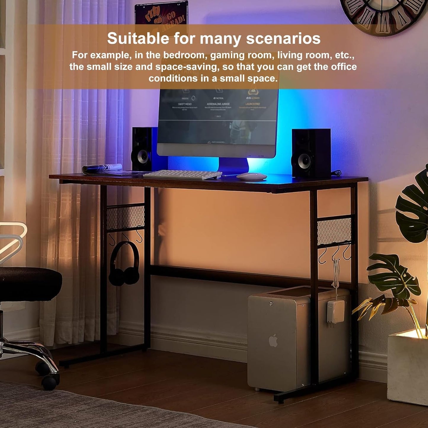VECELO 43 Inch Computer Desk Home Office Water Proof Writing Desk with 4 Hooks Study Desk with Hook. Adjustable Feet Wooden Desk for Small Space/Home Office/Dormitory Rusic Brown