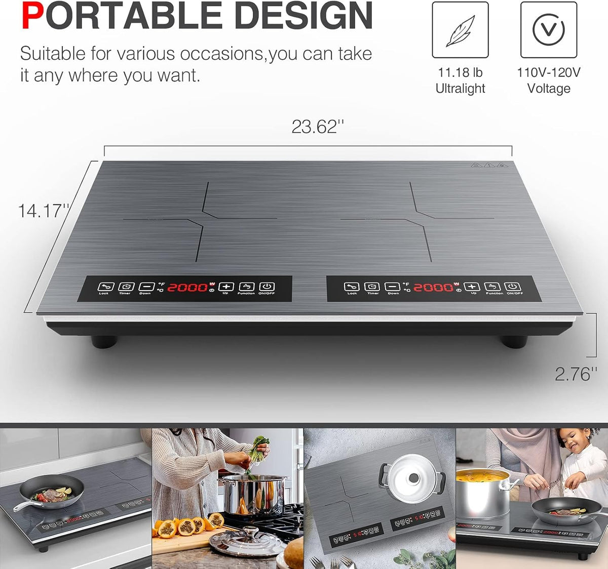 Double Induction Cooktop 110v-120v, 2 Burner Electric Cooktop 24 inch 4000W Induction Stove Top, Hot Plate LED Touch Screen, 9 Temperature, Safety Lock