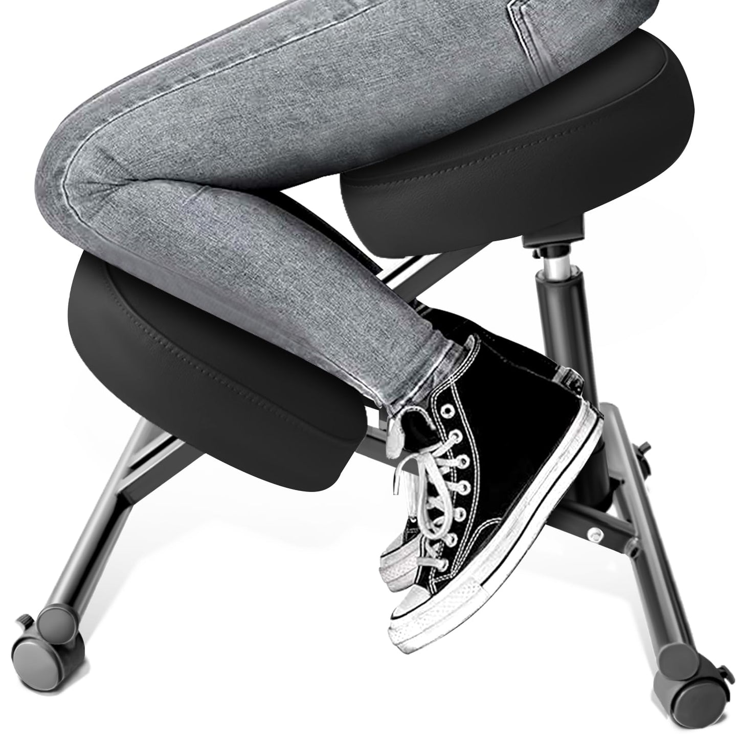 PU Leather Ergonomic Kneeling Chair, Adjustable Home and Office Stool with Thick Pads and Flexible Lockable Brake Wheels for Back Pain Relief(Black)