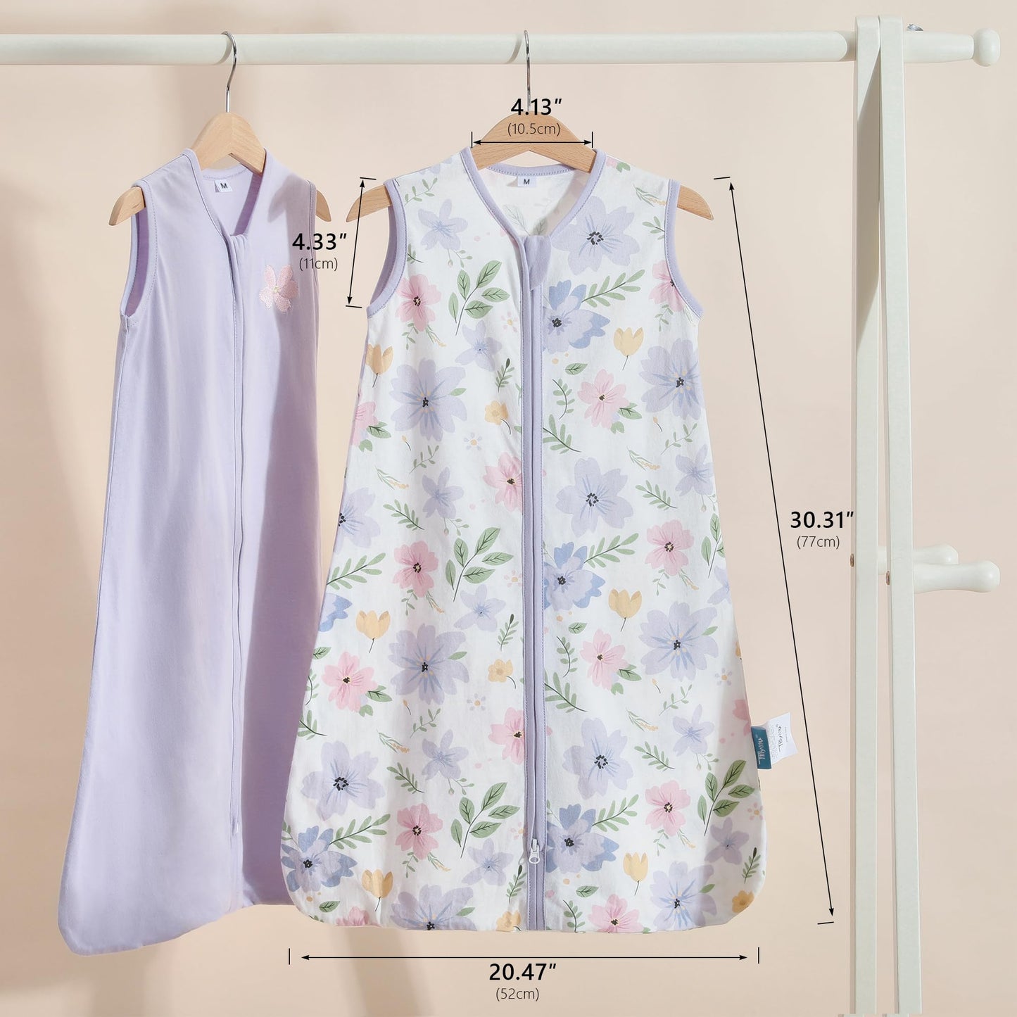 TILLYOU Sleep Sack 6-12 Months - 0.5 TOG Baby Wearable Blanket with 2-Way Zipper, Lightweight Cotton Summer Sleeping sack 2 Pack, Brilliant little flowers and purple