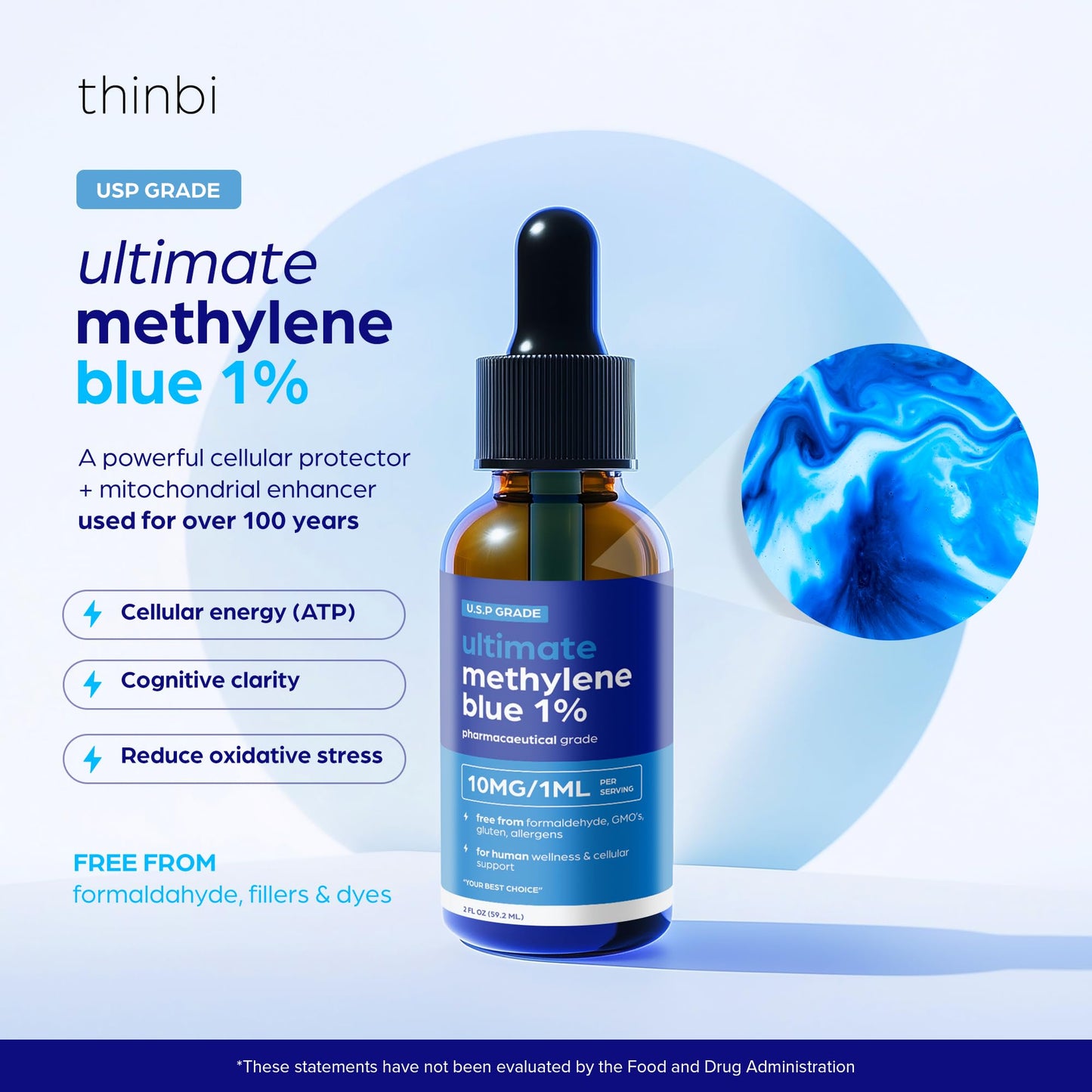 Methylene Blue Pharmaceutical Grade 2oz– USP Grade 1% Solution with Balanced Electrolyte SolutionThird-Party Tested Brain Health Supplement for Humans –No Formaldehyde High Cognitive Support
