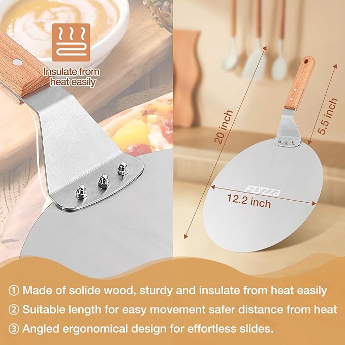 12 Inch Stainless Pizza Peel, Pizza Spatula with Ergonomic Long Wood Handle for Pizza Oven Baking, Turing Peel for Pizza, Dough, Bread Pastry