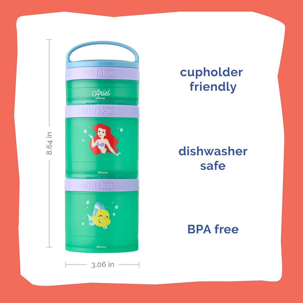 Whiskware Disney Princess Stackable Snack Containers for Kids, 3 Stackable Snack Cups for School and Travel, Ariel and Flounder