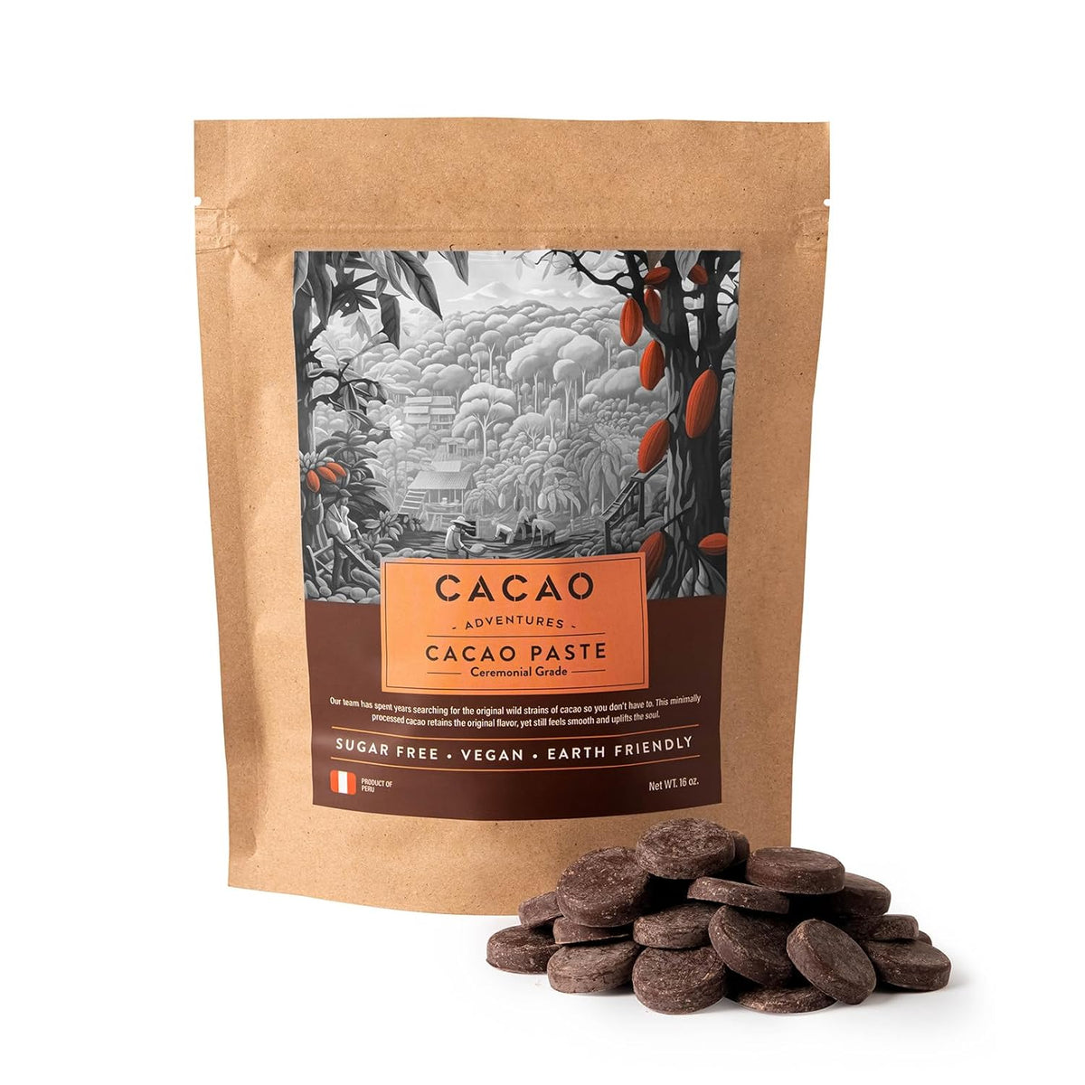 Cacao Adventures Ceremonial Grade Cacao | 100% Pure Cacao | Dairy & Vegan Free | Unsweetened | Vegan Peruvian Cacao