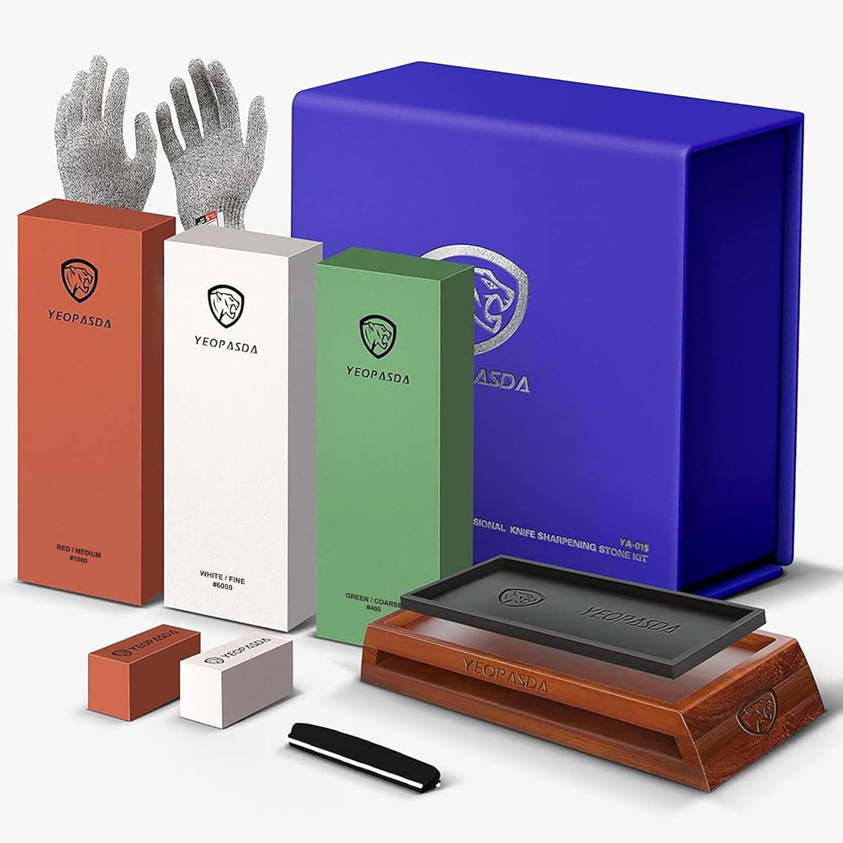 Premium Knife Sharpening Stone Kit - YeopAsda 3 Sides Grit 400/1000/6000 Whetstones - Knife Sharpener Stone with Non-Slip Wood Base, Angle Guide & Cut Resistant Gloves