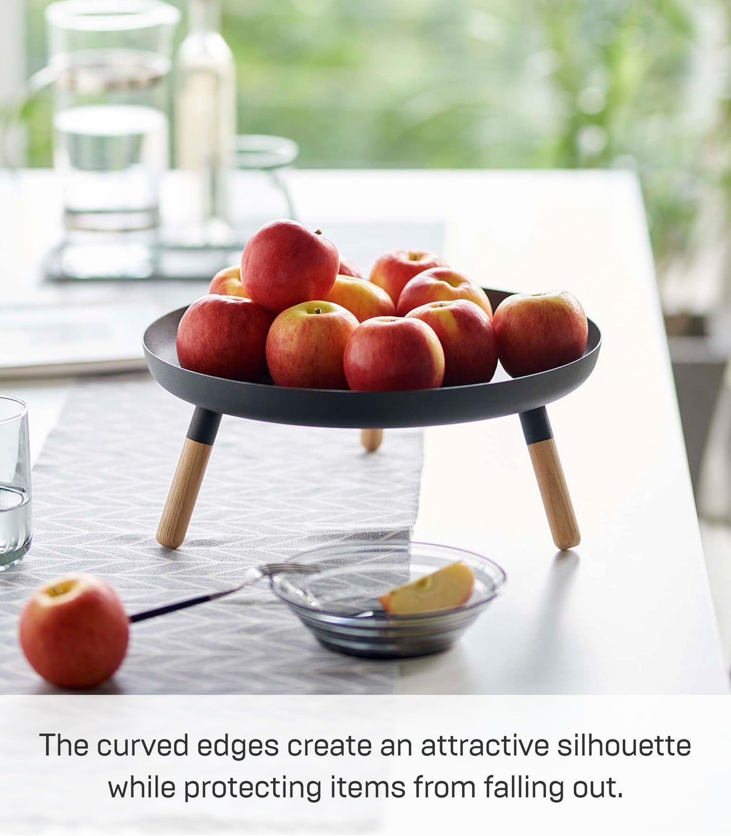 Yamazaki Home Plain Metal Pedestal Table Tray with Wooden Legs for Countertop Or Floor, Holds Fruit, Plants, Tea, Steel + Wood