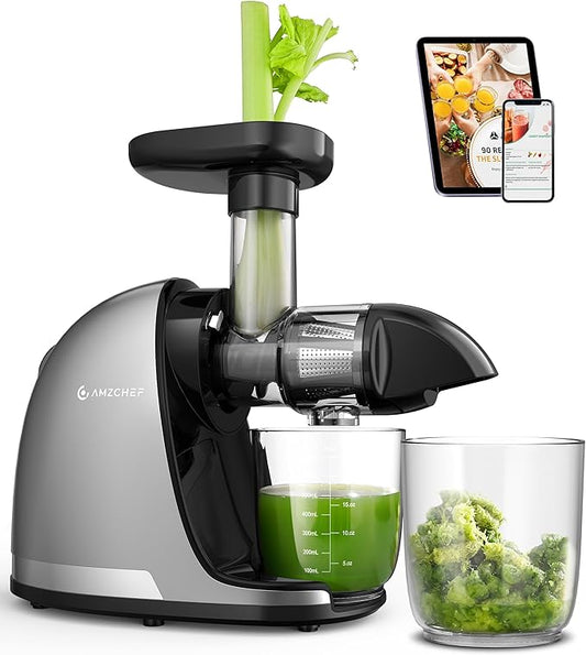 AMZCHEF Cold Press Masticating Juicer Machine - 90% Yield Reverse System, Quiet Motor for Home & Breakfast, 3-Step Clean with Brush, Includes 50+ Juice Recipes, Silver Grey