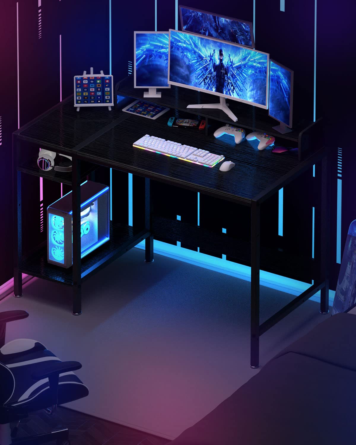 MINOSYS Computer Desk - 47” Gaming Desk, Home Office Desk with Storage, Small Table with Monitor Stand, Storage Space-Savor, Modern Table, Black