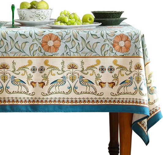 patdrea Designer French Linen Blue Tablecloth for Rectangle Table,Vintage Floral Table Cloth,Colorful Decoration Fall Cover Kitchen Dining for Thanksgiving,Tea Party,Christmas,63"x94"-Wensel