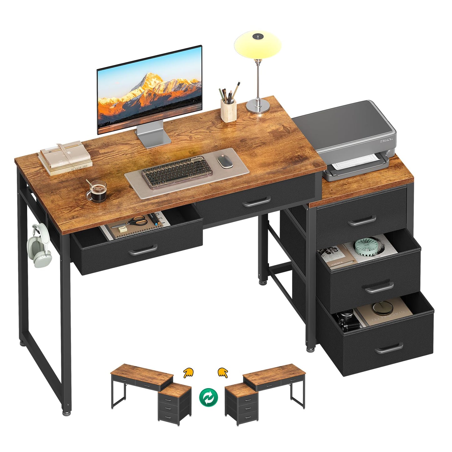 ODK Computer Desk with 5 Drawers, 53 Inch Office Desk with Printer Shelf, Reversible Work Desk for Home Office, Study Writing Table Desk with Drawers for Storage, Rustic Brown