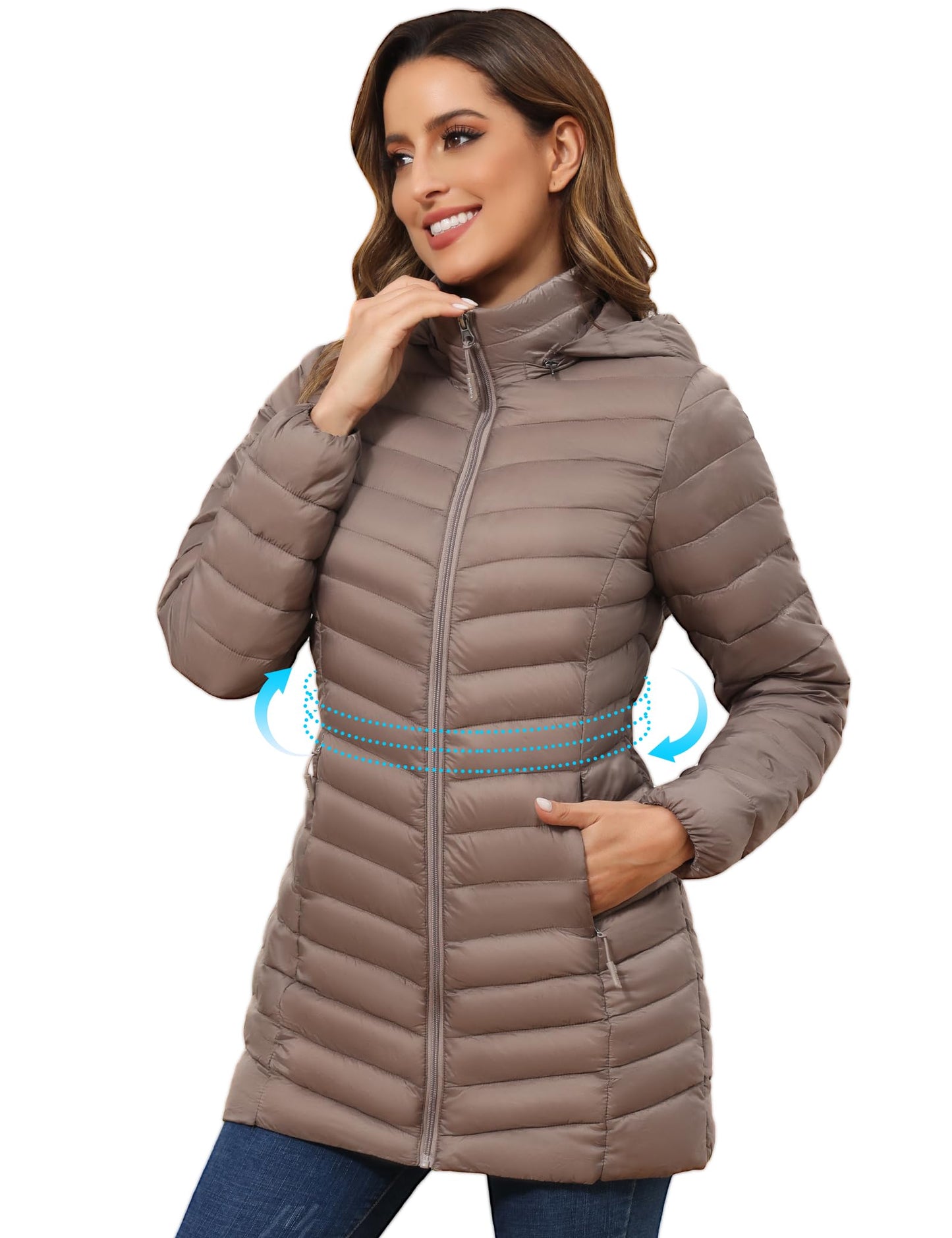 ROYAL MATRIX Women's Packable Puffer Jacket - Lightweight Winter Warm Long Quilted Puffer Coat with Detachable Hood (Khaki, XXL)