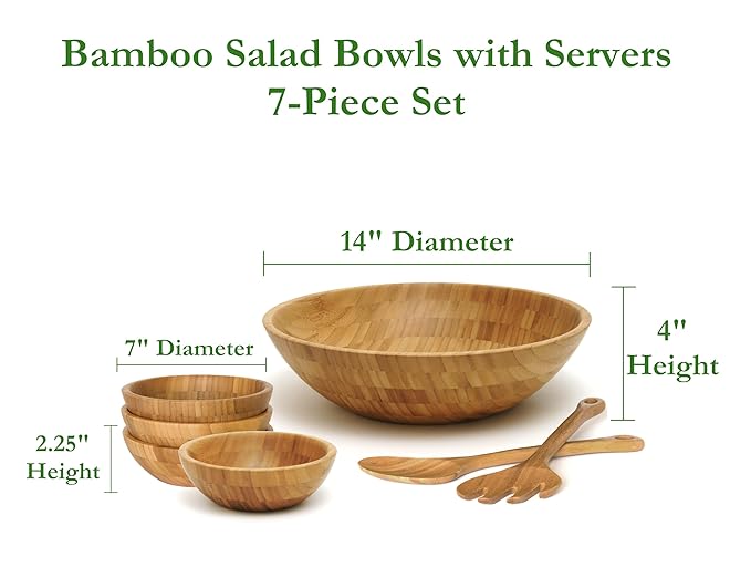 Lipper International Bamboo Wood Salad Bowls with Server Utensils, 7-Piece Set, Assorted Sizes