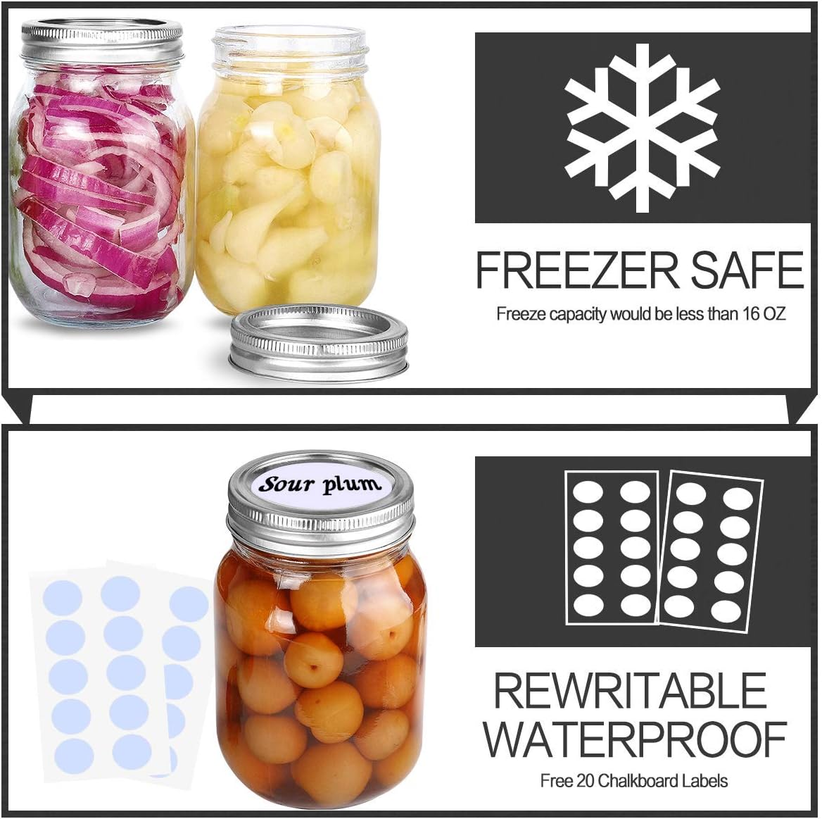 KAMOTA Mason Jars 16 OZ With Regular Lids and Bands, Ideal for Meal Prep, Jam, Honey, Wedding Favors, Shower Favors, Baby Foods, DIY Spice Jars, 12 PACK, 20 Whiteboard Labels Included