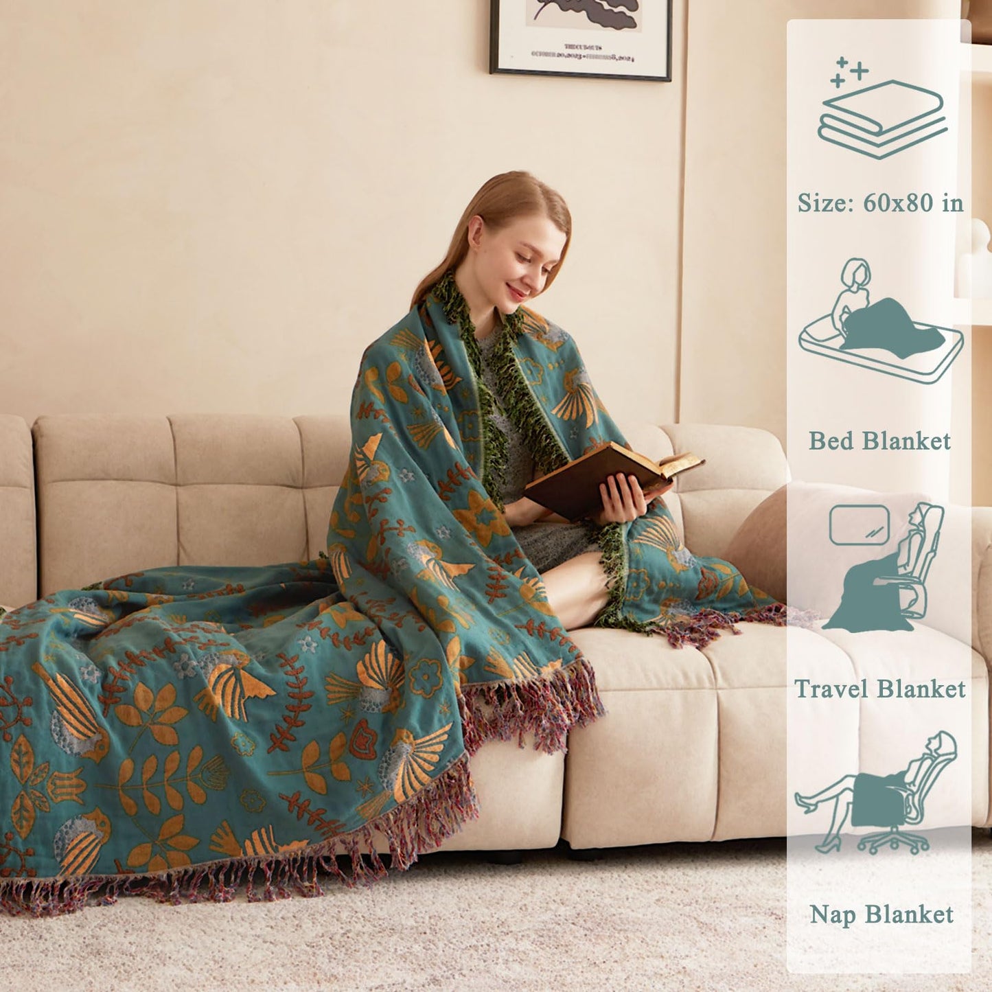 Boho Throw Blanket- 100% Cotton Muslin Blanket for Bed Couch, 60"x80" Reversible Breathable Summer Blanket Soft Lightweight Farmhouse Throw Blanket Rustic Quilt, All Season Floral Bird Decor Blankets