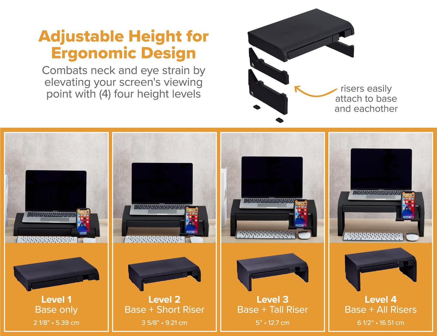 Bostitch Konnect Adjustable Monitor Riser with Drawer & Cell Phone Holder, Laptop Stand for Desk, 4 Height Levels, Cable Management & Rubber Feet