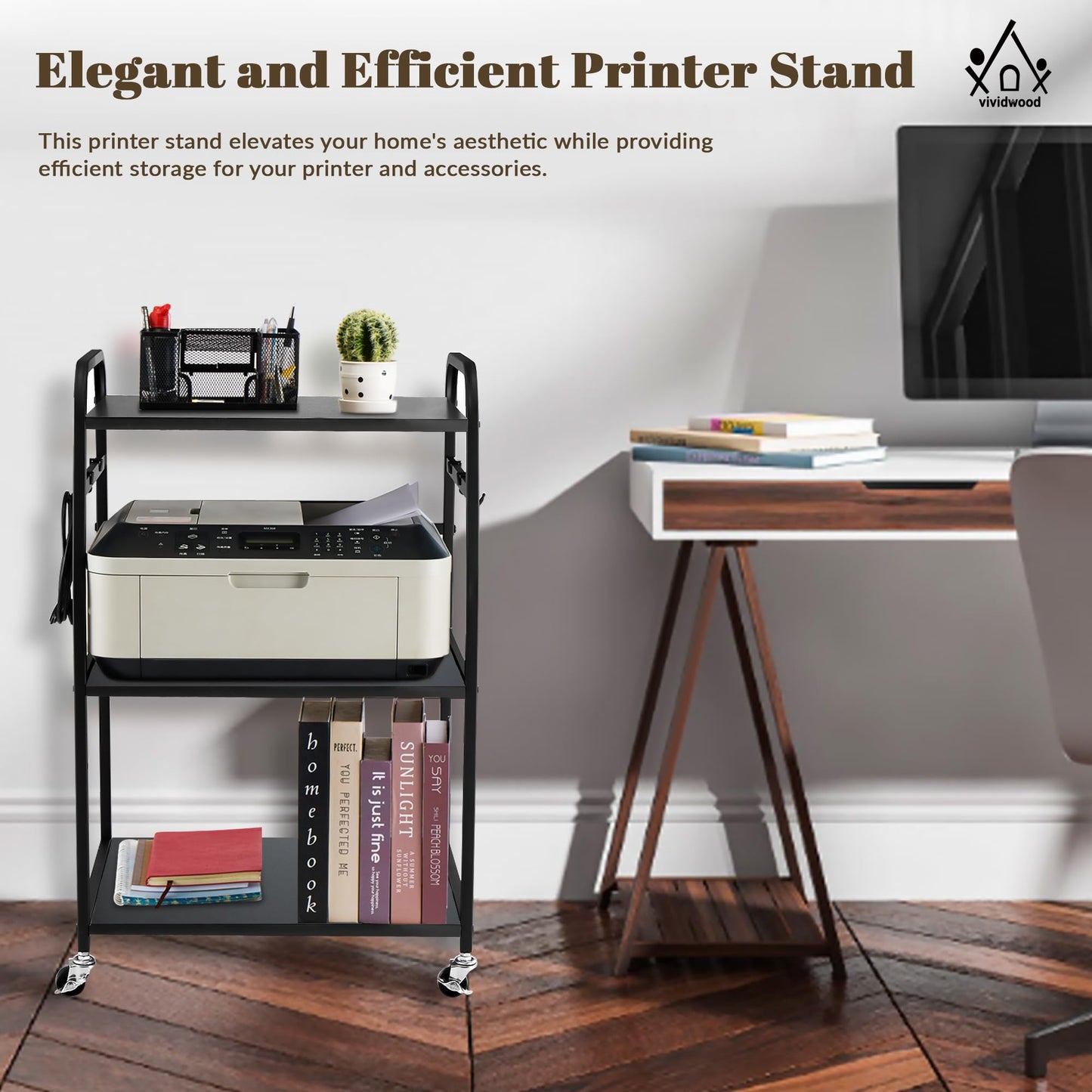 Vividwood Printer Stand - Large 3 Tier Printer Table with Adjustable Storage Shelf - Rolling Cart with Wheels -Stable Desk for Home Office Use (Black)