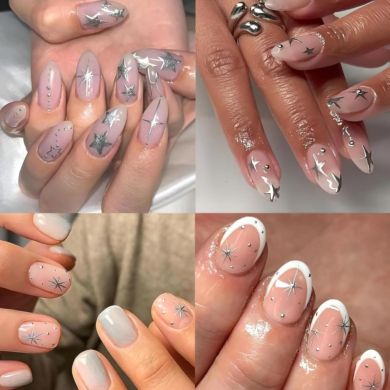 30 Sheets Silver Nail Art Stickers 3D Self-Adhesive Line Nail Decals Silver Star Nail Stickers Moon Heart Nail Supplies Nail Art Design for DIY Acrylic Nails Decoration Accessories for Women