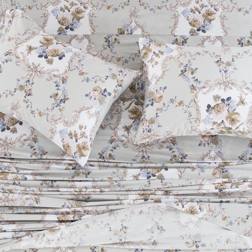 DAUAOTO California King Cotton Sheets Set Printed Bedding Sets, Classical Pattern Bedlinen for Cal King Mattress Up to 14" Deep, Rococo Gray