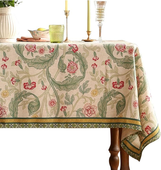patdrea Designer Green Extra Long Table Cloth for Rectangle Table,Vintage Linen Leaves Pattern Tablecloth,Floral Cover Decor for Kitchen Dining Christmas,Thanksgiving,Tea Party,63"x110"-Cecilia a