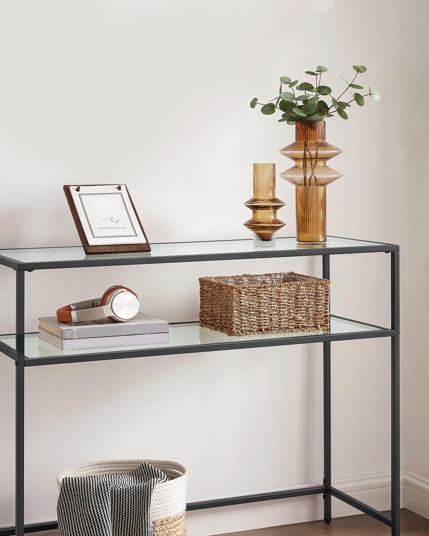 VASAGLE 39.4 Inch Console Sofa Table, Modern Entryway Table, Tempered Glass Table, Metal Frame, 2 Shelves, Adjustable Feet, for Living Room, Hallway, Black ULGT025B01