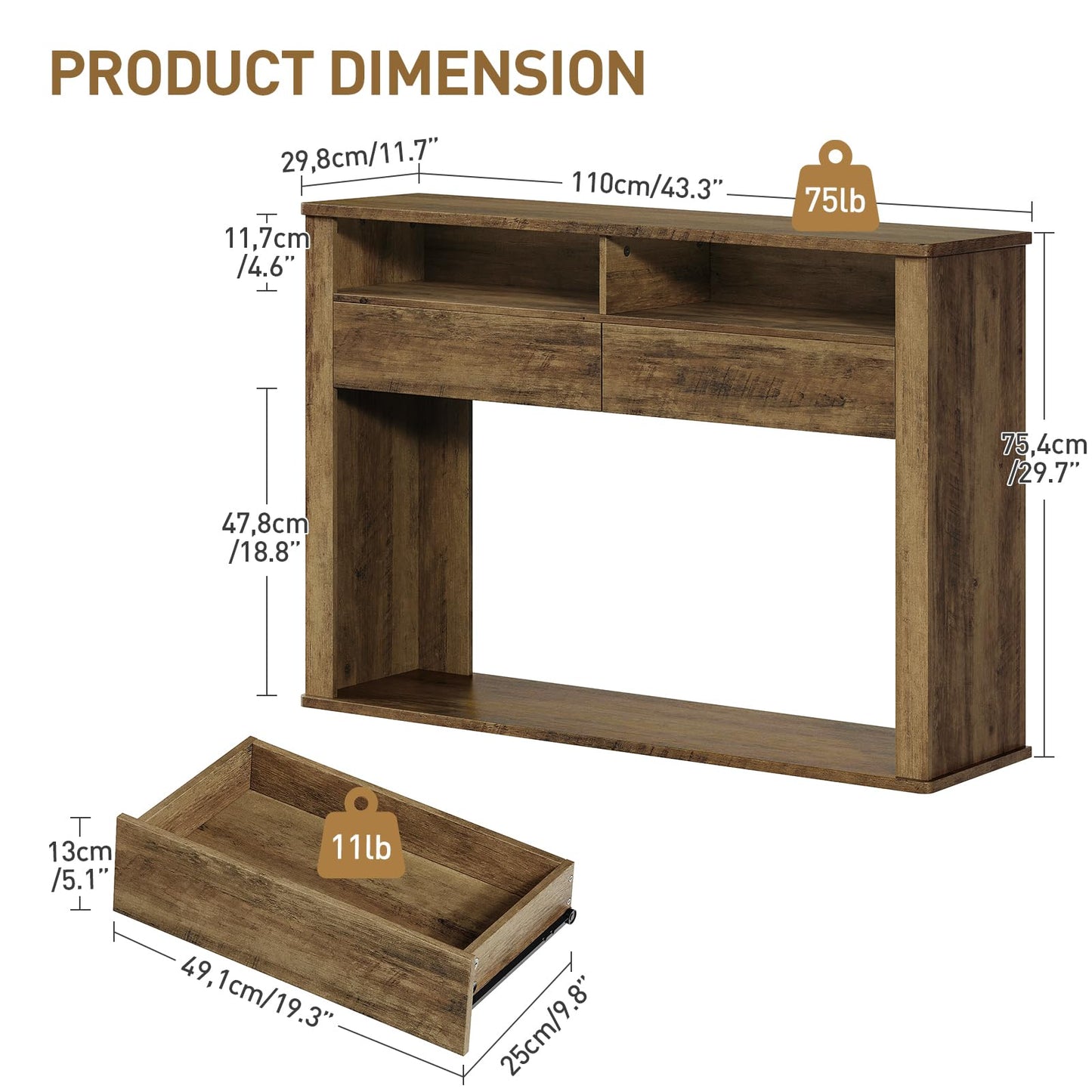 RALGEND 43.3 Inches Console Table, Narrow Entryway Table with 2 Drawers, 2 Compartments and Bottom Shelf, Farmhouse Hallway Accent Table for Entryway, Living Room, Foyer, Hallway, Dark Brown