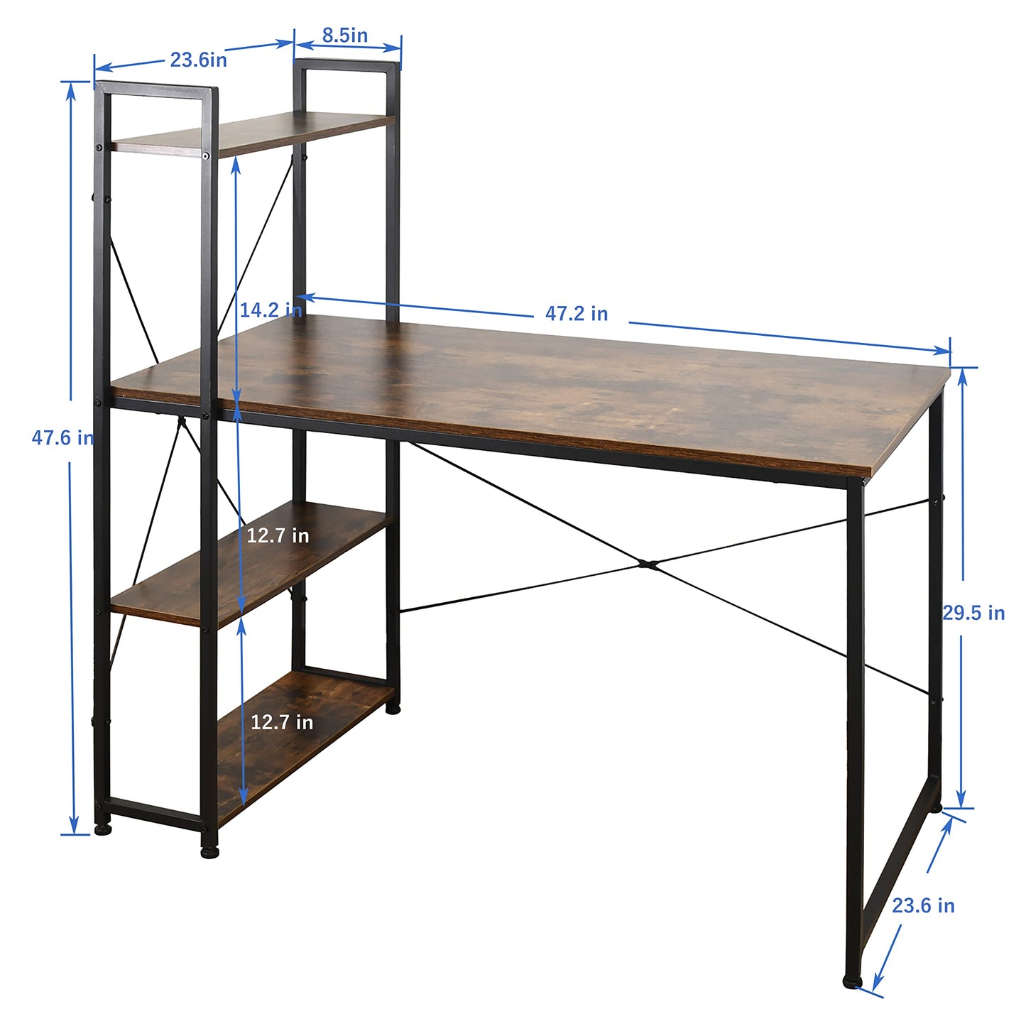 AEONS Computer Study Desk with Storage Shelves, Home Office Desk with Reversible Bookshelf Study Writing Table Corner Desk 47”, Wood & Metal, Space-Saving