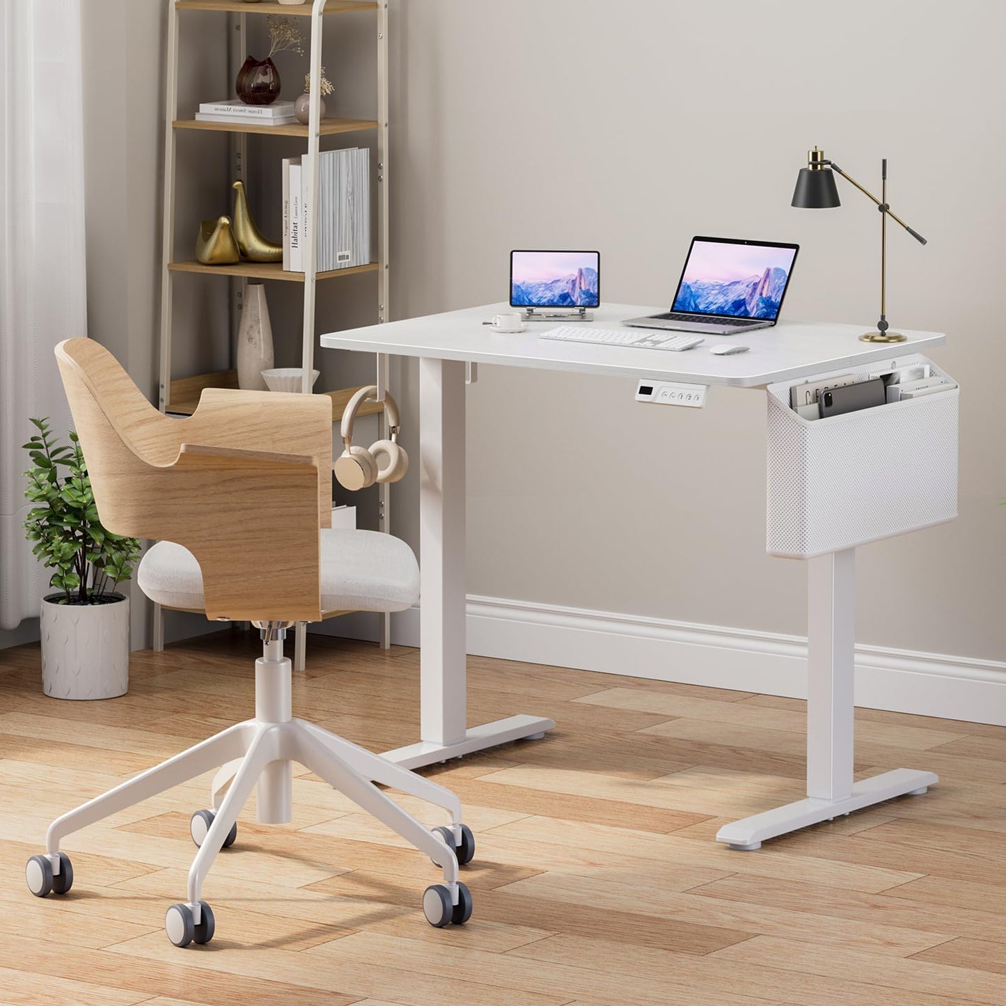 White Small Electric Standing Desk - 32 Inch Narrow Adjustable Height Stand up Desk for Writing Study Work, Mini Sit to Stand Desks Workstation for Small Space Adult Boys Girls Bedroom Home Office