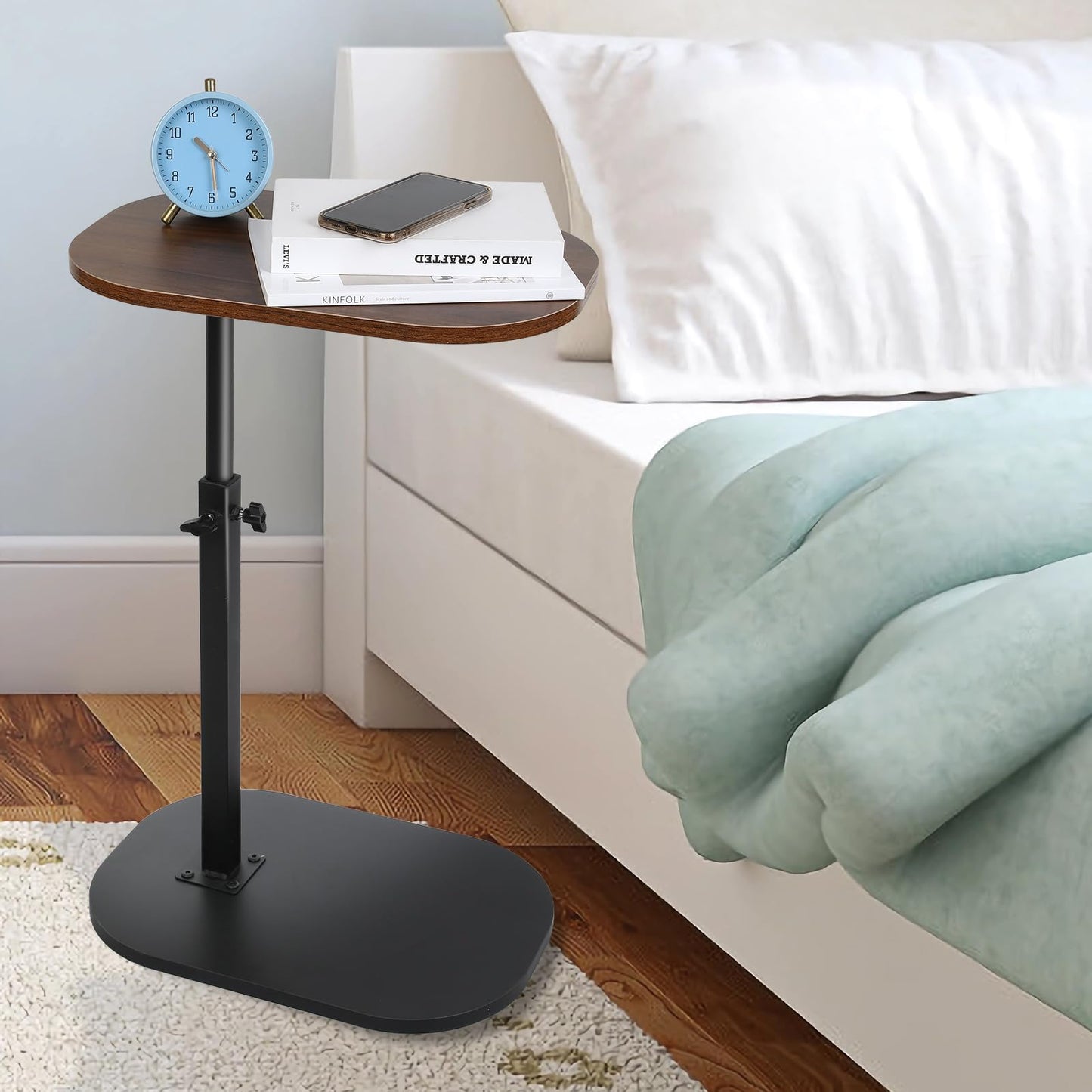 CypherX C Table, Wood Sofa Adjustable Height, C Shaped End Table for Couch, Slide Under Tables, Small Side Table for Living Room, Bedroom, Bedside (Brown)