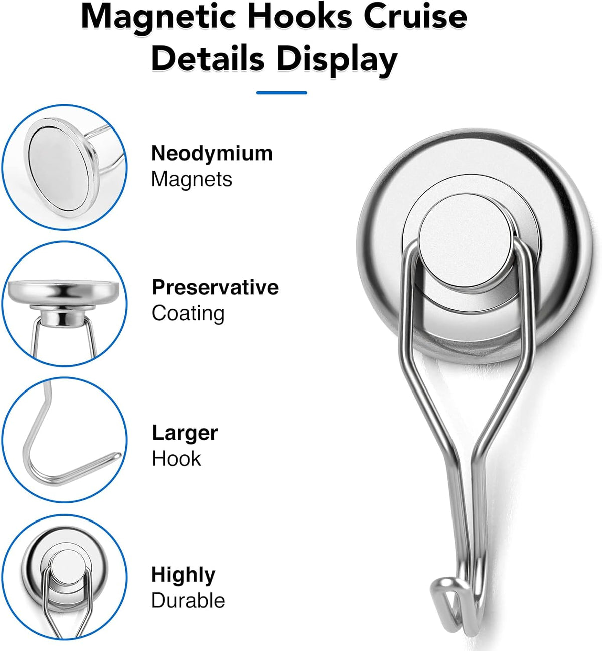 LOVIMAG Hooks, 110lbs+ Magnetic Magnet Hook 2025 Cruise Cabin Ship Essentials Heavy Duty Strong Refrigerator Fridge Hanging for Classroom Beach Vacation Kitchen Grills Home Mug Hanger (8 Pack), Silver
