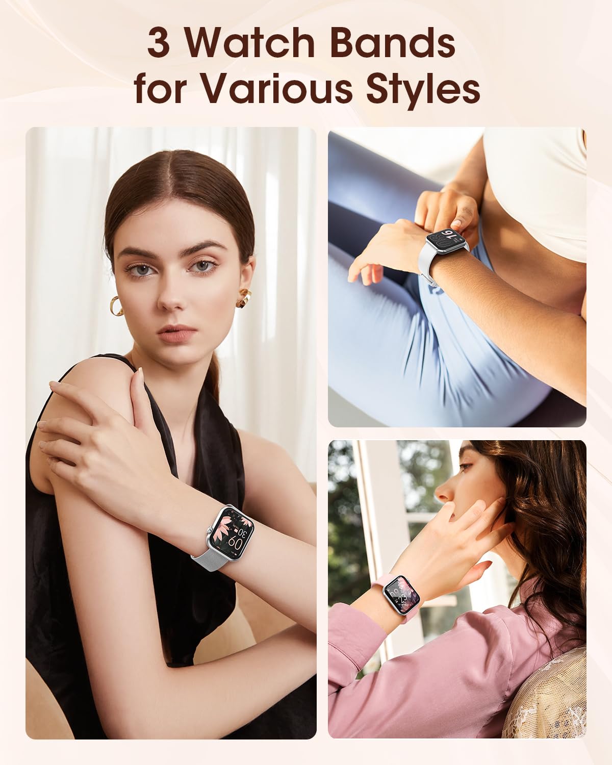 Smart Watches for Women, Health Fitness Watch for Android iPhone, Sleep/Heart Rate/SpO2/Blood Pressure Monitor, 1.85'' Smartwatch for Calls/SMS/Notifications, 100+ Sports Modes, 300+ Dials, 3 Bands