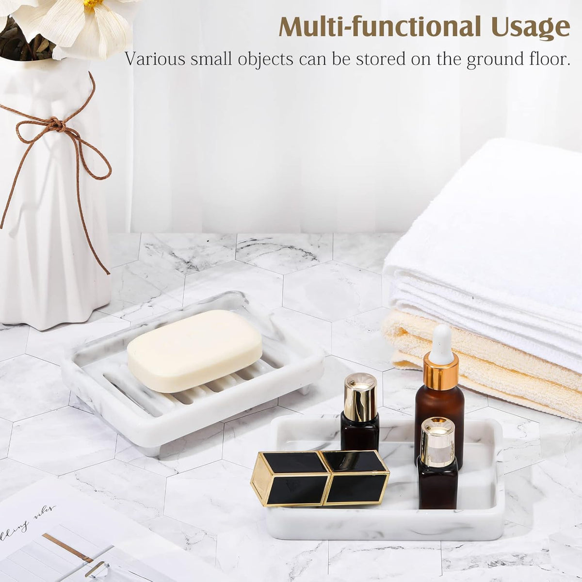 Shinowa Resin Soap Dish, Self-Draining Bar Soap Tray with Drainable Board, Dual Layer Sponge Holder for Bathroom Kitchen Shower Bathtub Sink Counter-top, Marble White