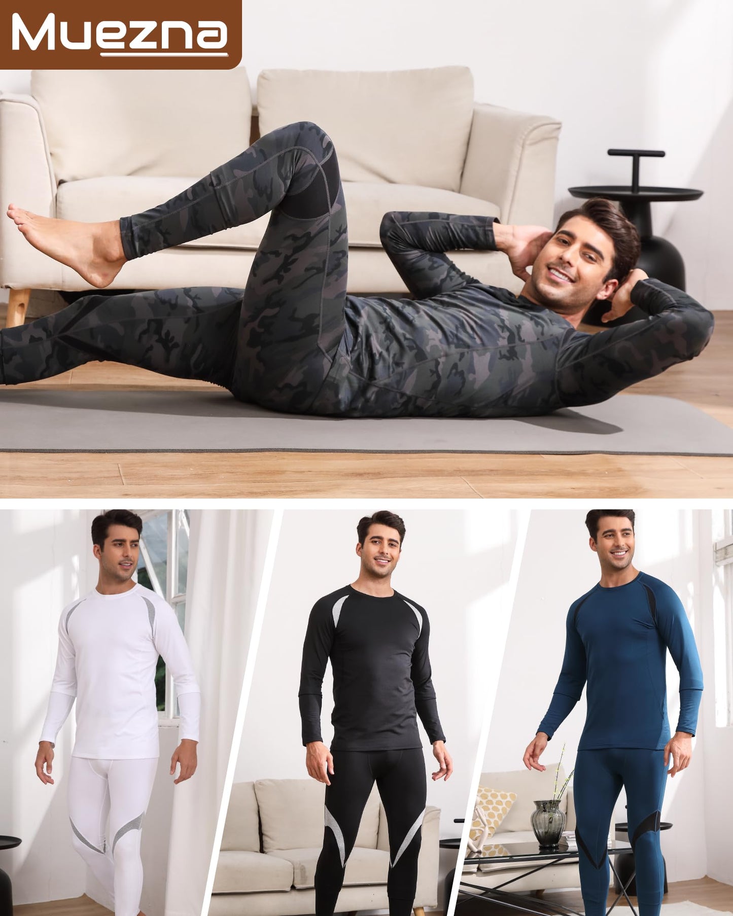 Muezna Men's Thermal Top and Bottom Set Underwear Long Johns Base Layer with Soft Fleece Lined Camouflage