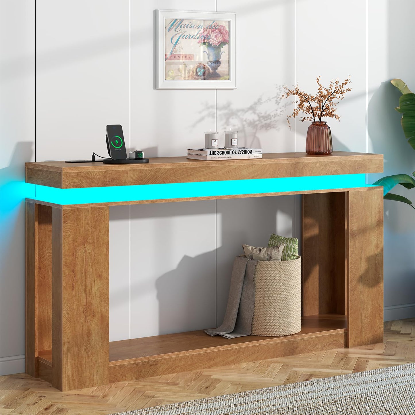 Loomie 63" Long Console Table with LED Lights & Power Outlet, 2-Tier Farmhouse Sofa Table Behind Couch with Storage, Narrow Entryway Tables with Heavy Duty Base for Living Room, Hallway (Natural)