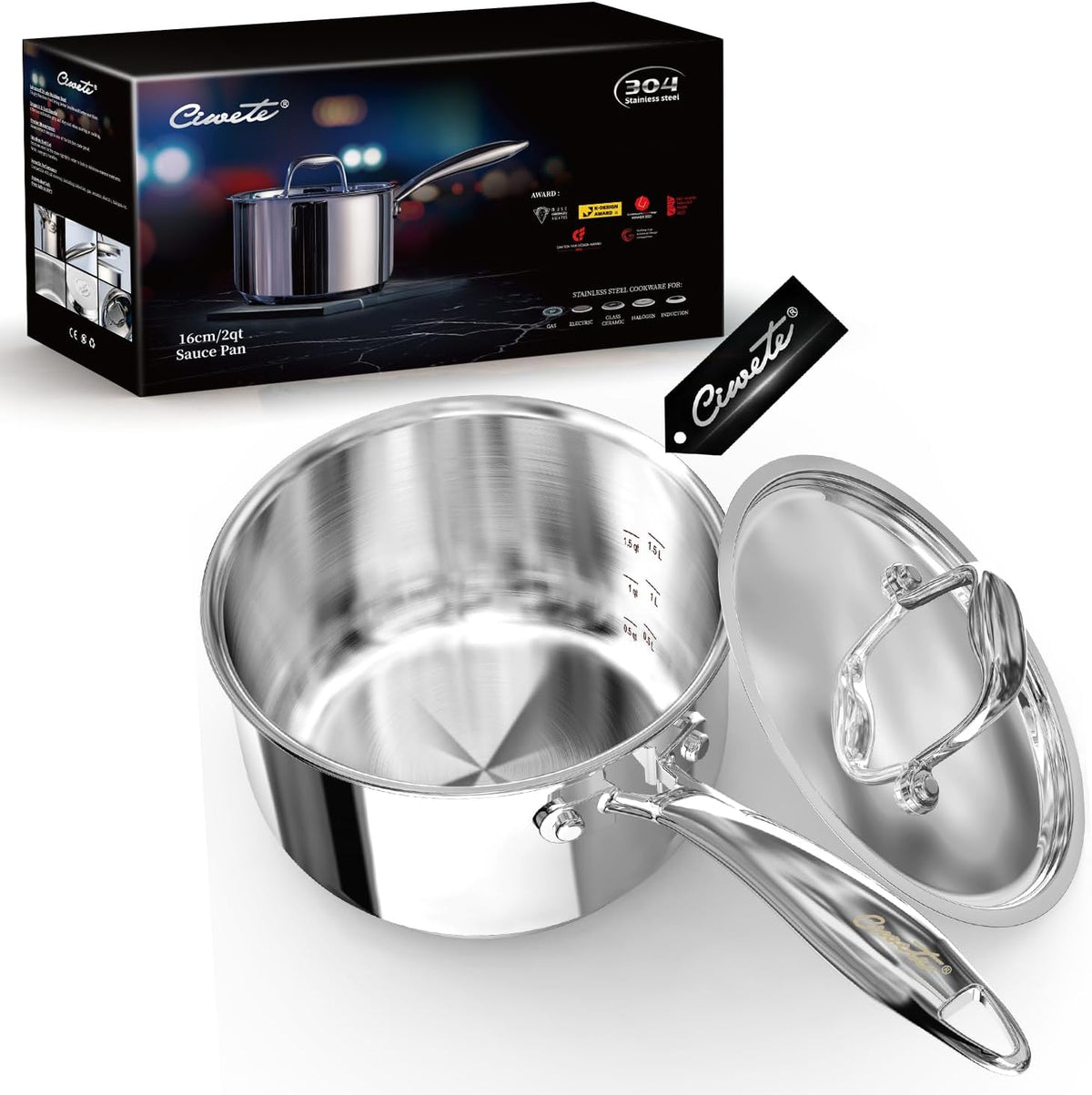 2 Quart Sauce Pan with Lid, Tri Ply Stainless Steel Saucepan 2 Qt with Stainless Steel Lid, 2 Measuring Lines, Upgraded Packaging, Cool Ergonomic Handle, Dishwasher & Oven Safe