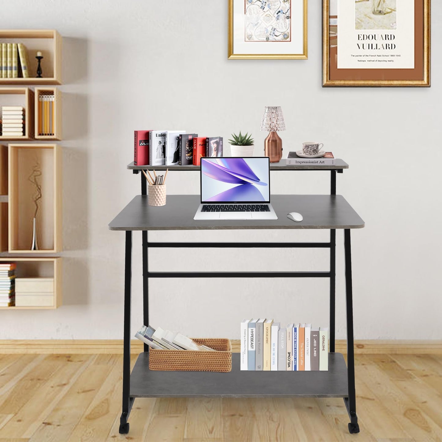 CNCEST Rolling Computer Desk, 3-Tier Computer Desk, 36inch Home Office Desk with Storage Shelves Used As A Computer Table, Study Table, Reading Table, Writing Table 31.5 * 19.69in (Black+Grey)