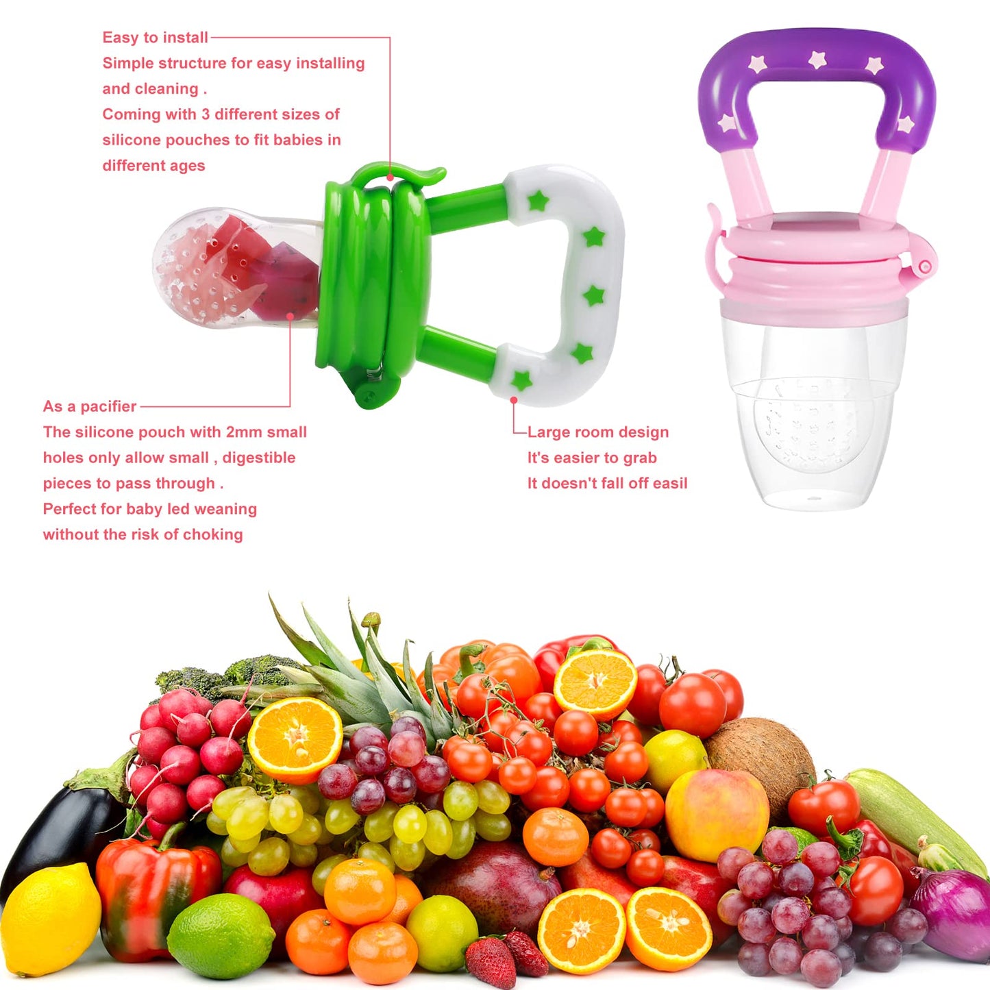 Food Feeder Baby Fruit Feeder Pacifier (3 Pcs) with 6 Different Sized Silicone Pacifiers 2 PCS Silicone Baby Food Dispensing Spoon 90ML with Infants Spoons Pacifier Clip Infant Fruit Teething Toy-Pink