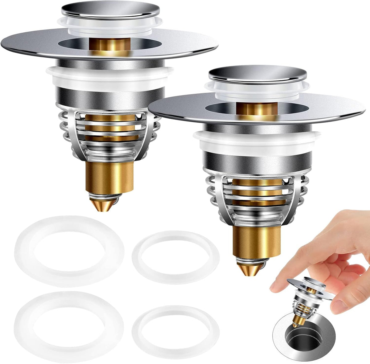 AURUZA 2 Pack Universal Bathroom Sink Stopper, Strainer for 1.1-1.5 Inch Bullet Core Push Type Basin Pop Up Drain Filter,Bathtub Converter with Anti Clogging Basket Hair Catcher