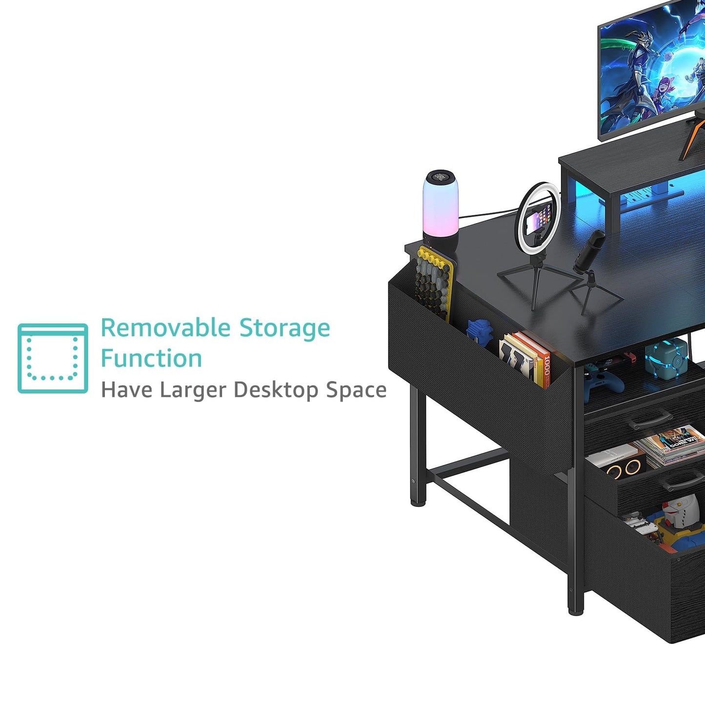 Lufeiya Gaming Desks with Led Lights and Power Outlets, 55 Inch Computer Desk with File Drawers Cabinet, Home Office Desk with Shelves Monitor Stand, Black