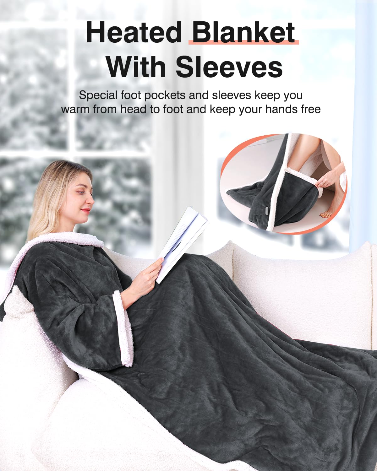 Wearable Heated Blanket with Sleeves, Electric Heated Blanket for Gifts, Electric Throw Wrap Poncho Shawl with Pockets, 6 Heating Levels & 4 Hours Time Settings, 50 x 70 Inch (Grey)