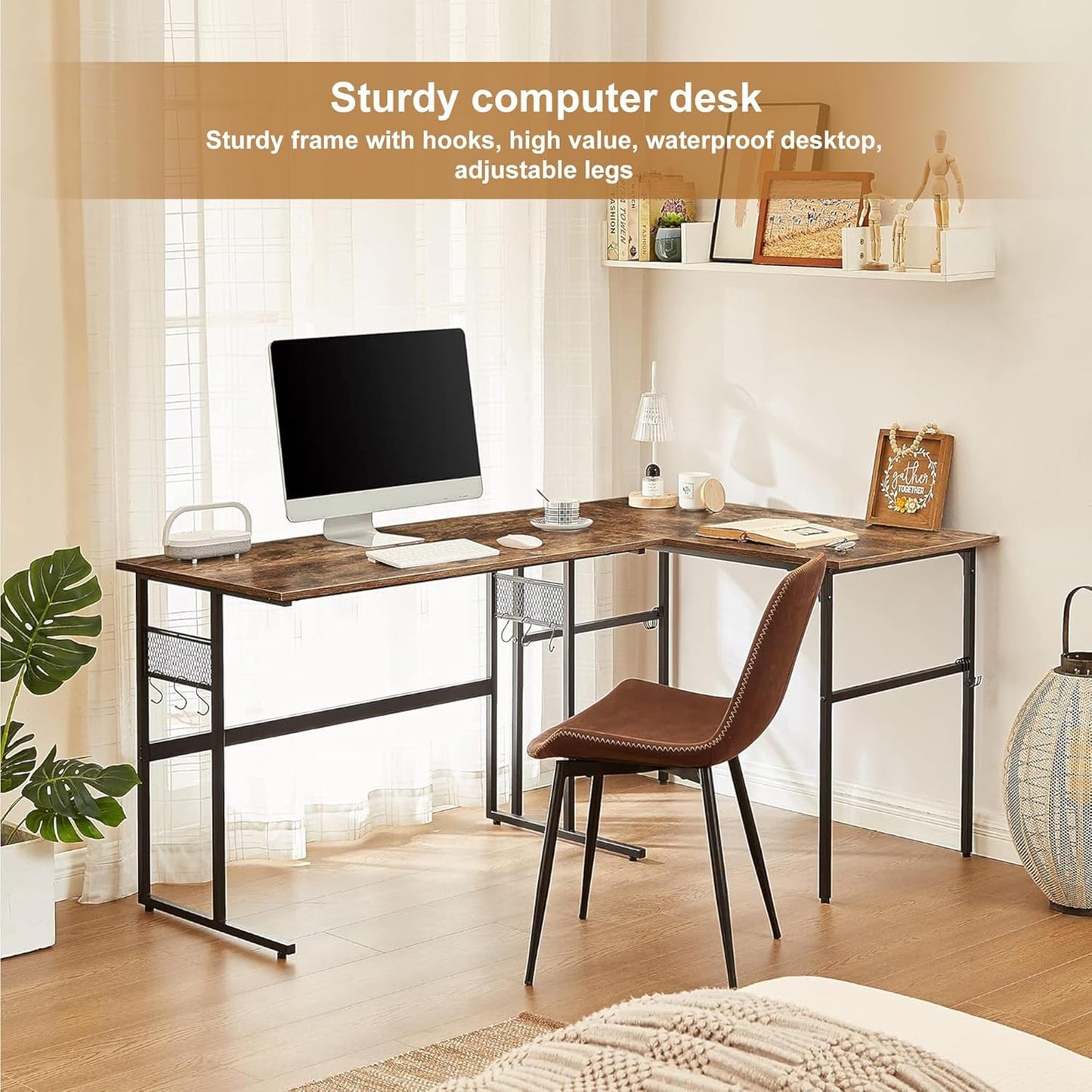 VECELO 43 Inch Computer Desk Home Office Water Proof Writing Desk with 4 Hooks Study Desk with Hook. Adjustable Feet Wooden Desk for Small Space/Home Office/Dormitory Rusic Brown