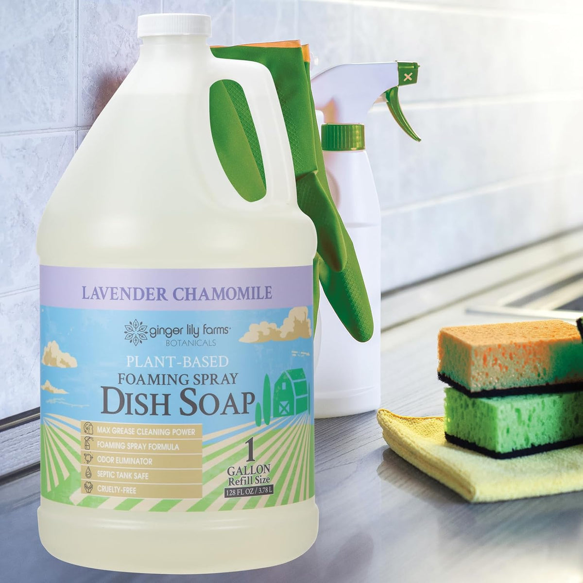 Ginger Lily Farms Botanicals Plant-Based Foaming Spray Dish Soap, Concentrated Formula with Max Grease Cleaning Power, Cruelty-Free, Lavender Chamomile Scent, 1 Gallon Refill (128 Fl Oz)