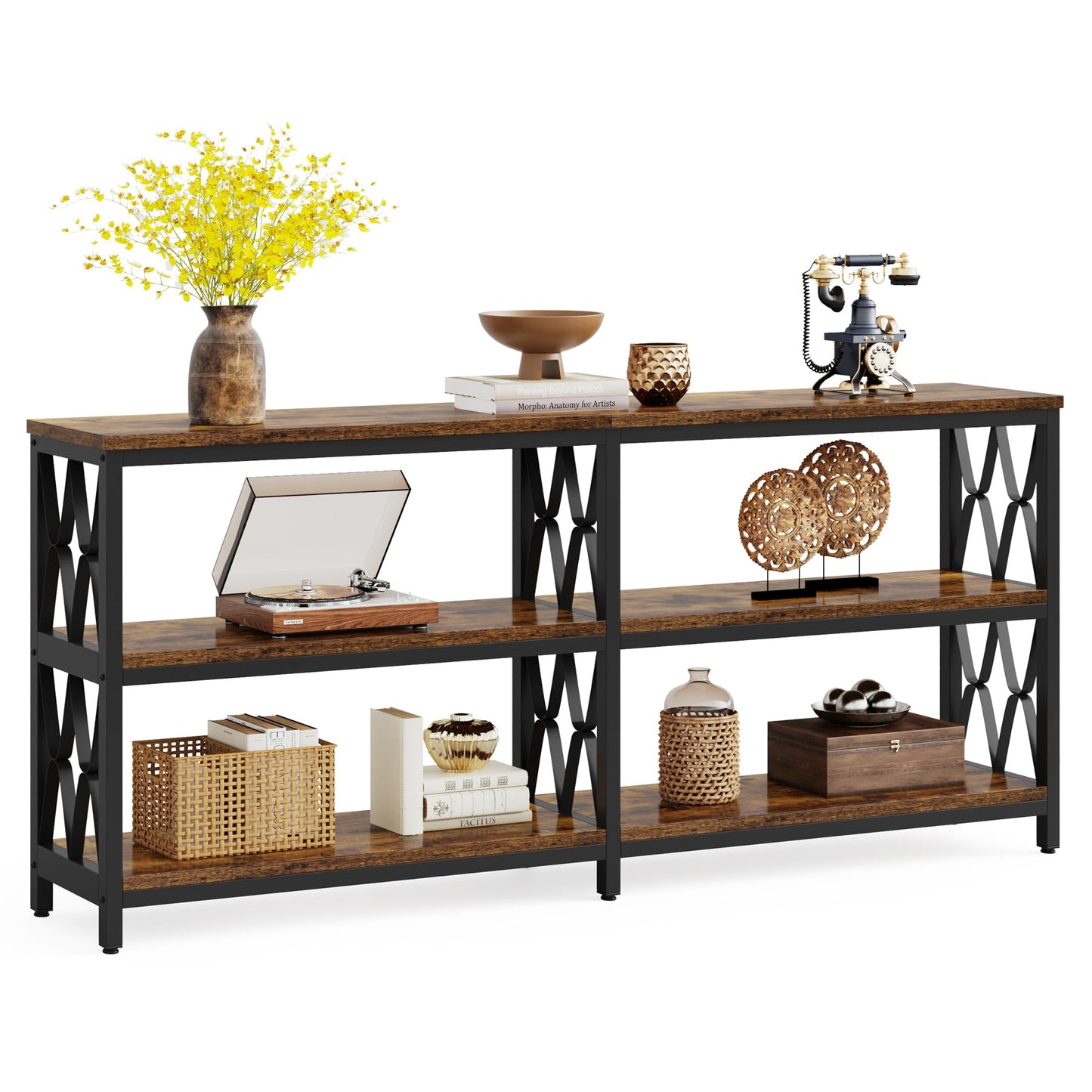 LITTLE TREE Console Table with Storage Shelves, 70.9" Industrial 3-Tier Sofa Table for Living Room, Long Foyer Table Entryway Table for Hallway, Front Door, Entrance, Rustic Brown & Black