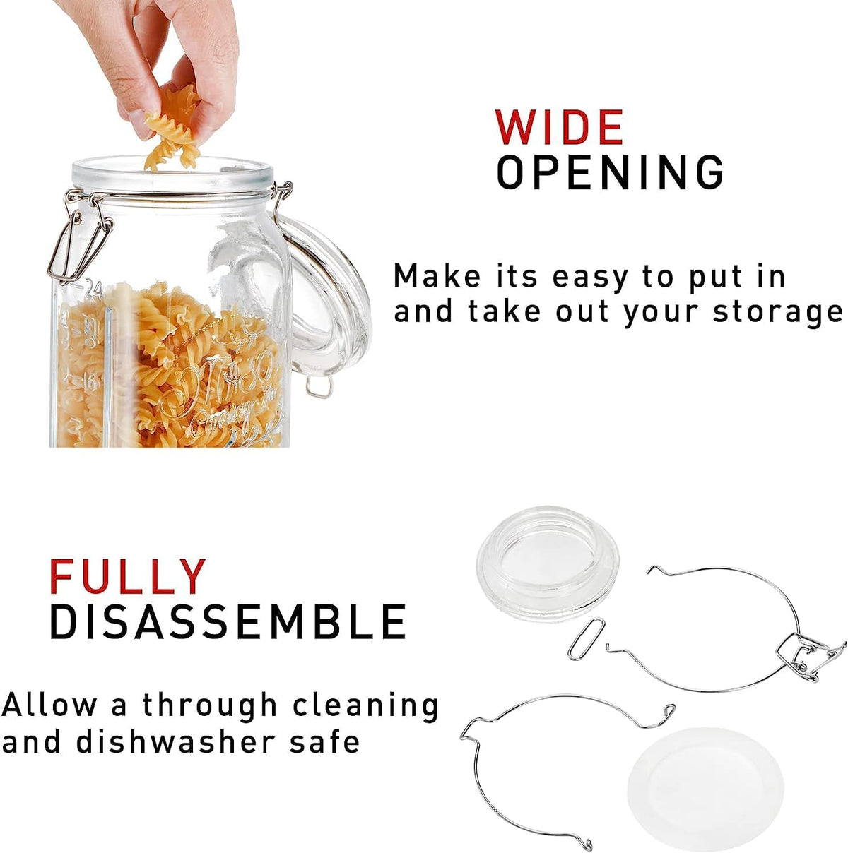 Tebery 4 Pack Clear Wide Mouth Glass Mason Jars with Airtight Clamp Lids, 32Oz Glass Storage Containers Large Kitchen Canisters for Food, Flour, Pasta, Coffee, Candy, Dog Treats, Snacks & More