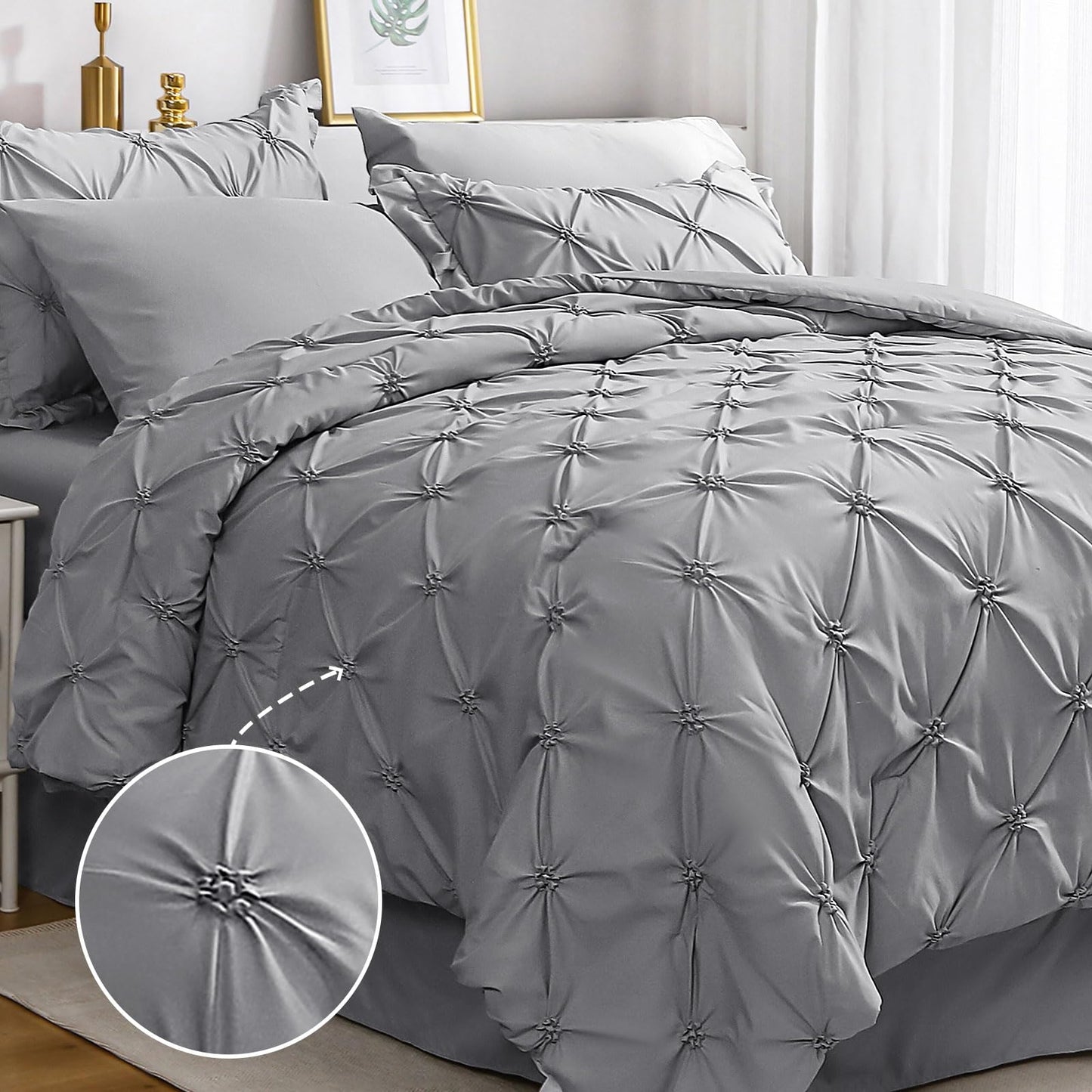 JOLLYVOGUE Grey Queen Comforter Set, 7 Pieces Pintuck Comforters Queen Size, Bed in a Bag Queen Comforter for Bedroom, Bedding Comforter Sets with Comforter, Sheets, Ruffled Shams & Pillowcases