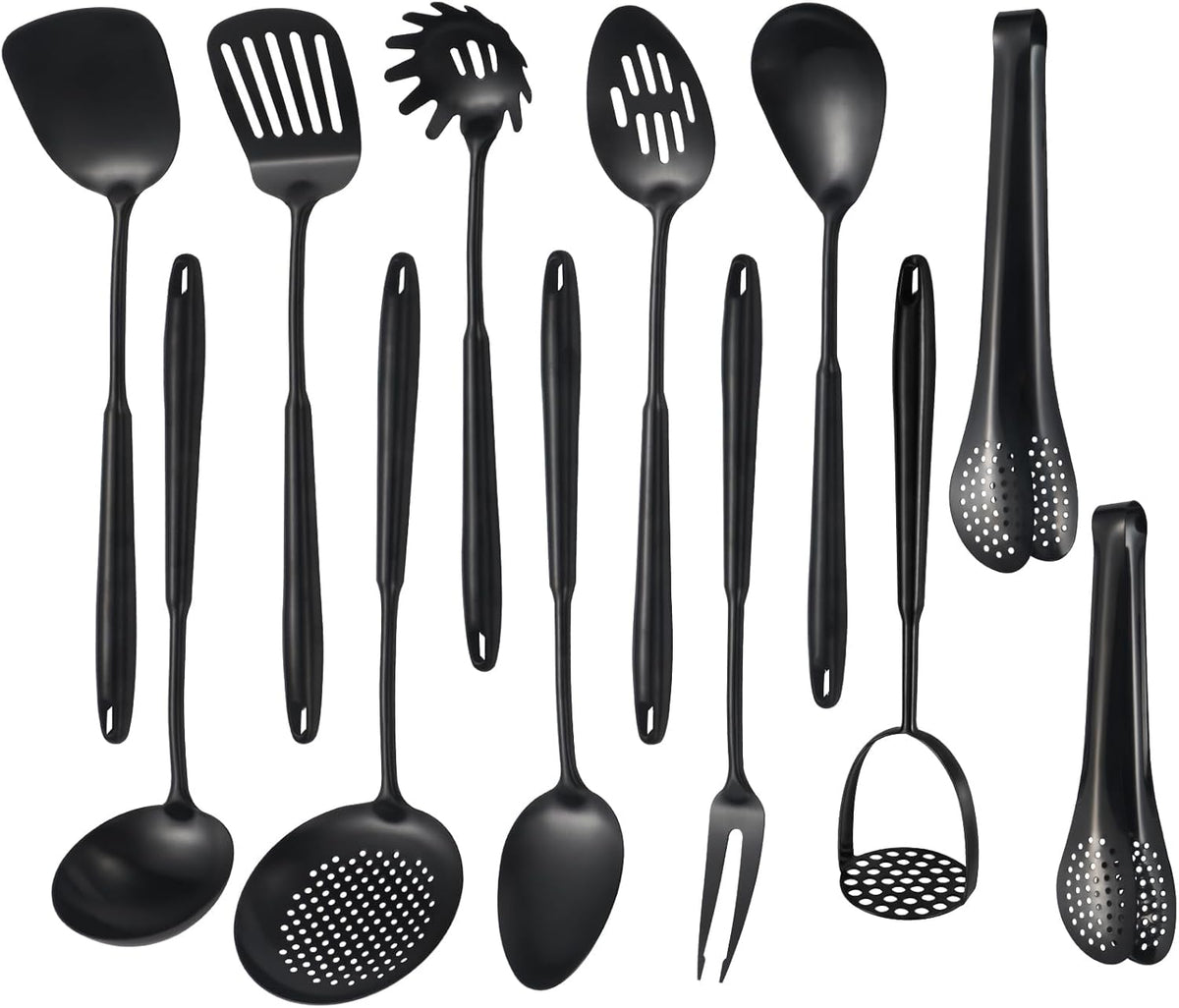 304 Stainlss Steel Matte Kitchen Utensils Set, 12 Pcs Long Metal Cooking Utensil Gadgets Tools Set with Spatula, Ladle, Spoon, Ladle, Skimmer, Tunner, Pasta Server, Tongs(Black, Dishwasher Safe)